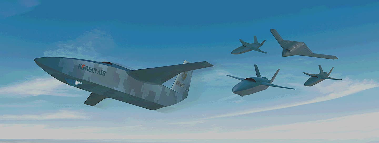 A rendering of what Korean Air is pitching as a "Stealth UAV Squadron" that includes a flying wing-type UCAV and multiple loyal wingman-type drones. <em>Korean Air</em>