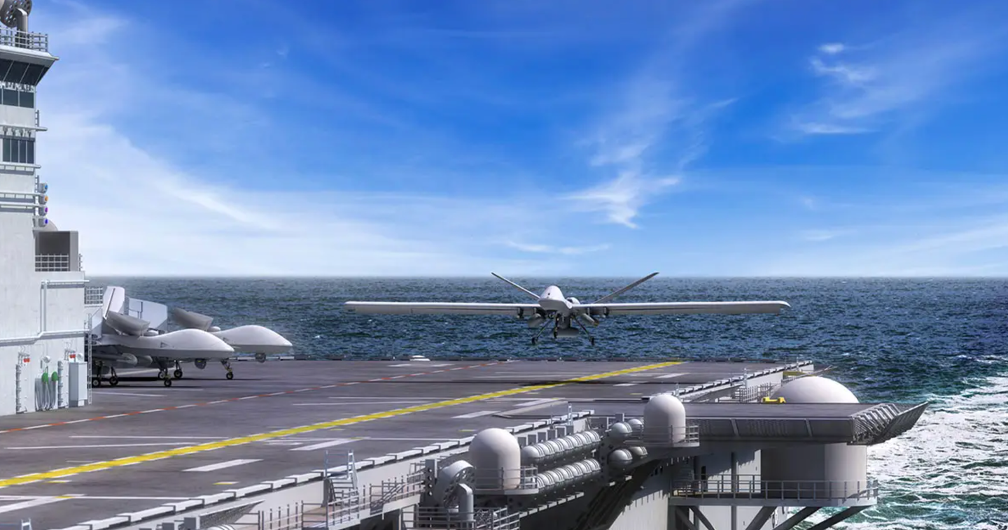 A rendering of a short takeoff and landing variant of the MQ-9B Reaper coming in for a carrier landing.&nbsp;<em>GA-ASI</em>