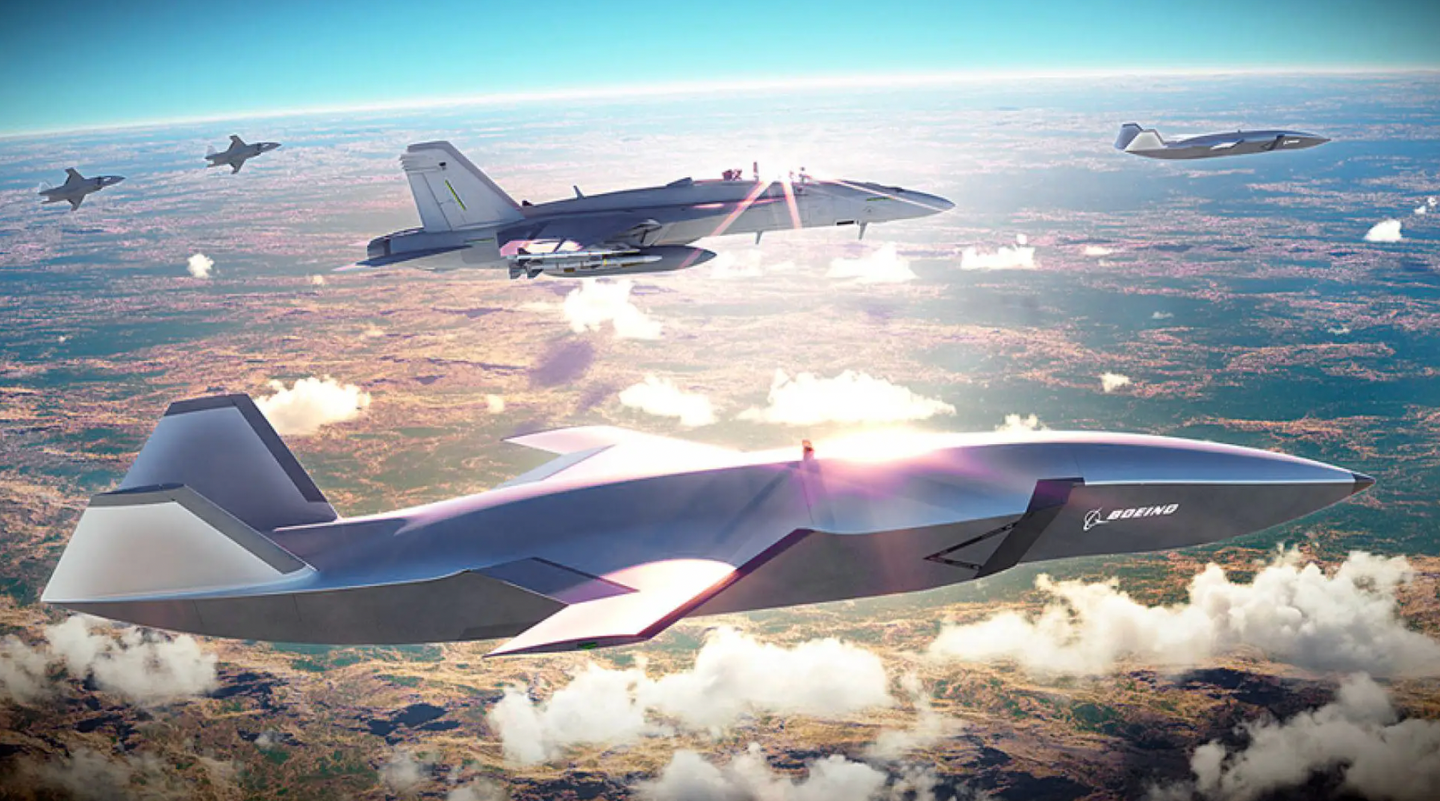 Boeing concept artwork showing an F/A-18F Super Hornet strike fighter operating alongside Airpower Teaming System (ATS) ‘loyal wingman’ drones. <em>Boeing</em>