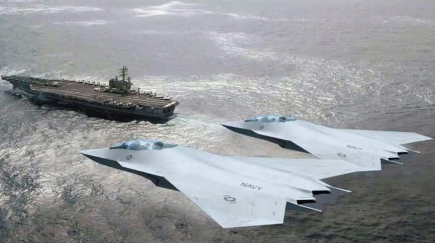 A rendering of a pair of notional future Navy sixth-generation crewed stealth combat jets flying above a carrier.&nbsp;<em>Boeing</em>
