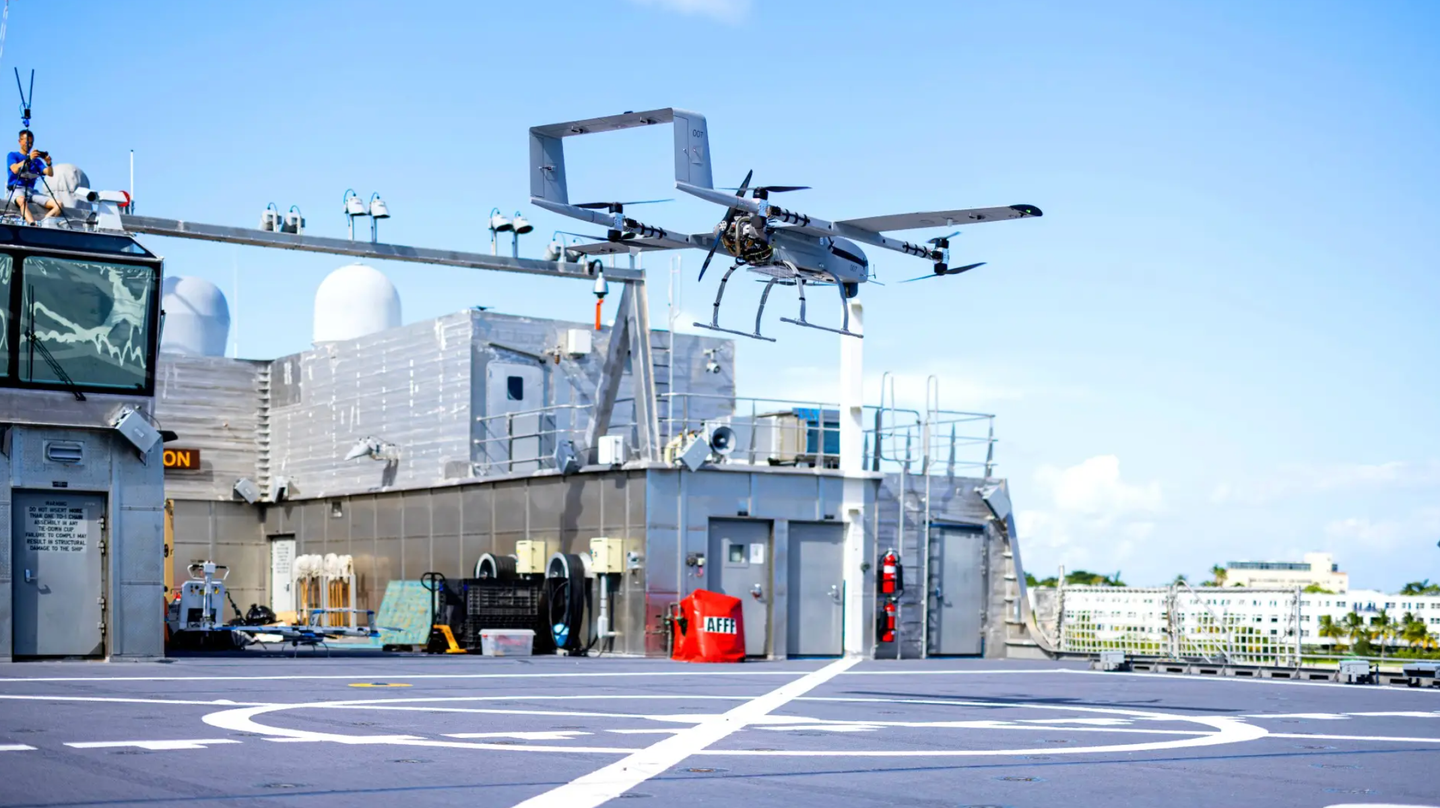 A Volansi VTOL drone used in a demonstration of the first-ever autonomous ship-to-ship drone deliveries. In the demonstration, two VTOL-capable unmanned aircraft made three successful deliveries between a U.S. Navy ship and a U.S. Coast Guard vessel off the coast of Key West, Florida, in 2021. <em>Volansi</em><br>
