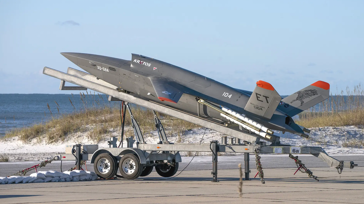 A U.S. Air Force XQ-58A Valkyrie sits on its trailer-mounted launcher.&nbsp;<em>U.S. Air Force</em>
