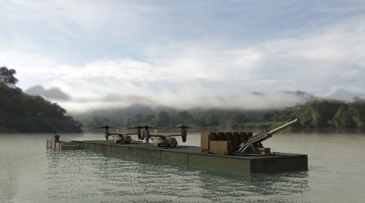 A Marine Corps concept from circa 2016 for a floating base envisaged as part of the EABO concept, in this case, supporting V-22 Osprey tilt-rotors, as well as providing a platform for an electromagnetic railgun.&nbsp;<em>U.S. Marine Corps</em>