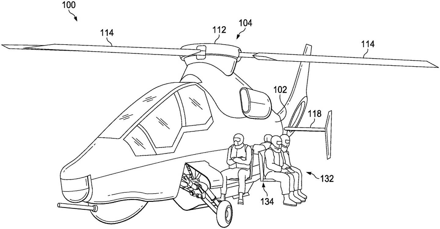 A diagram depicting four individuals sitting on the now patented modular seating system fitted in the weapons bay of a 360 Invictus helicopter. <em>USPTO</em>