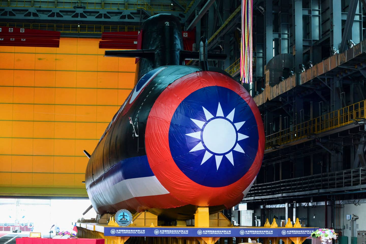 Another view of the <em>Hai Kun</em> before President Tsai Ing Wen unveiled it at the CSBC Corp. shipbuilding company in Kaohsiung. <em>Photo by SAM YEH/AFP via Getty Images</em>