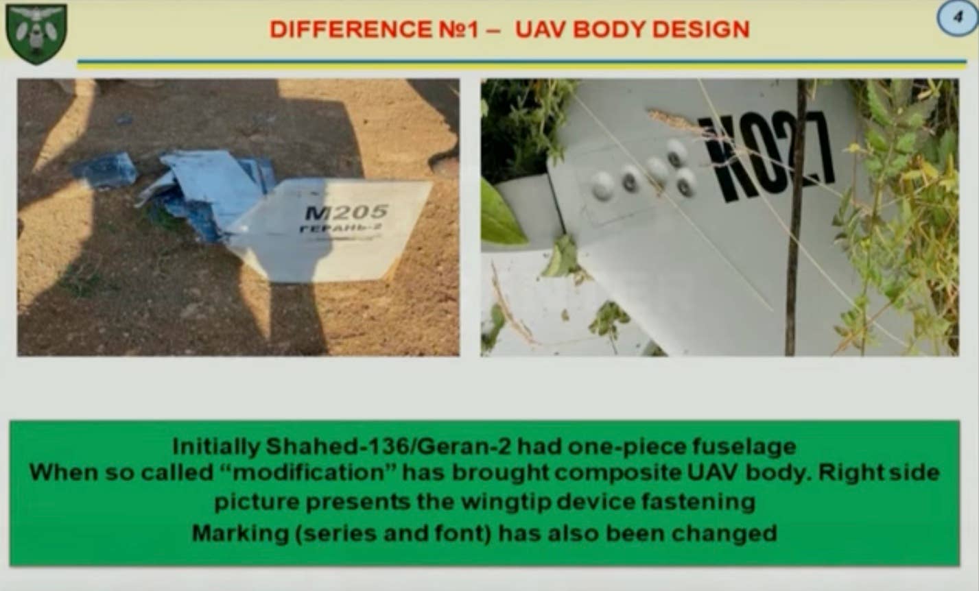 The new Shahed-136 drones have a composite body instead of a modular, one-piece fuselage, Ukraine says. (Ukrainian Military Media Center screencap)