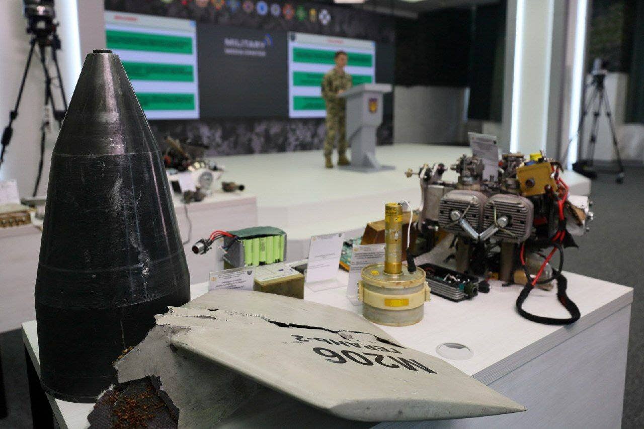 Russia is using Shahed-136 drones with a new warhead, engine, antenna, servo and other components, Ukraine says. (Ukrainian Military Media Center photo)