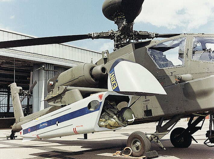 The EXINT pod loaded onto an Apache attack helicopter. <em>via ThinkDefence</em>