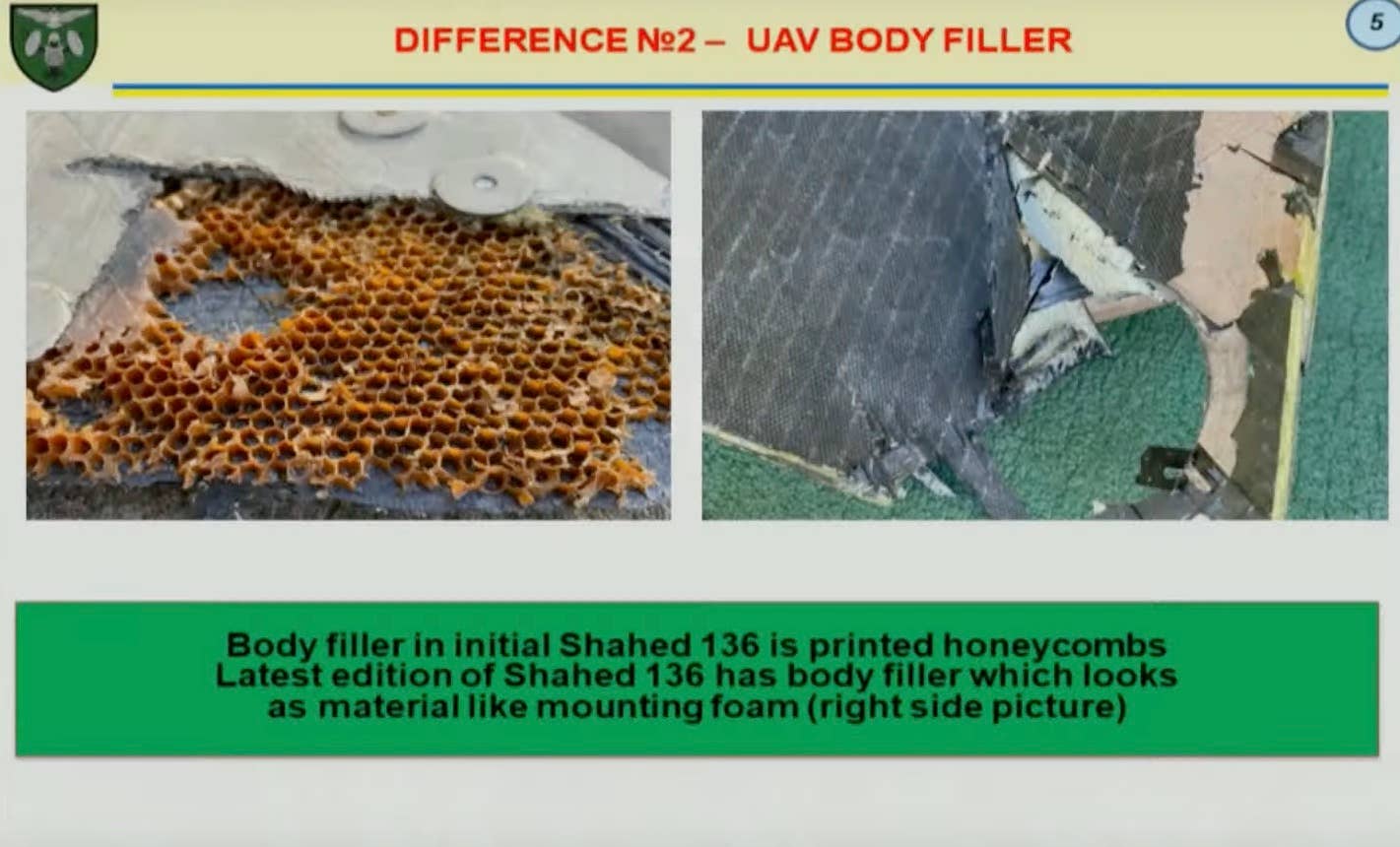 The new Shahed-136 drones also have a solid foam-like filling instead of the honeycomb cell filling, according to Ukraine. (Ukrainian Military Media Center screencap)