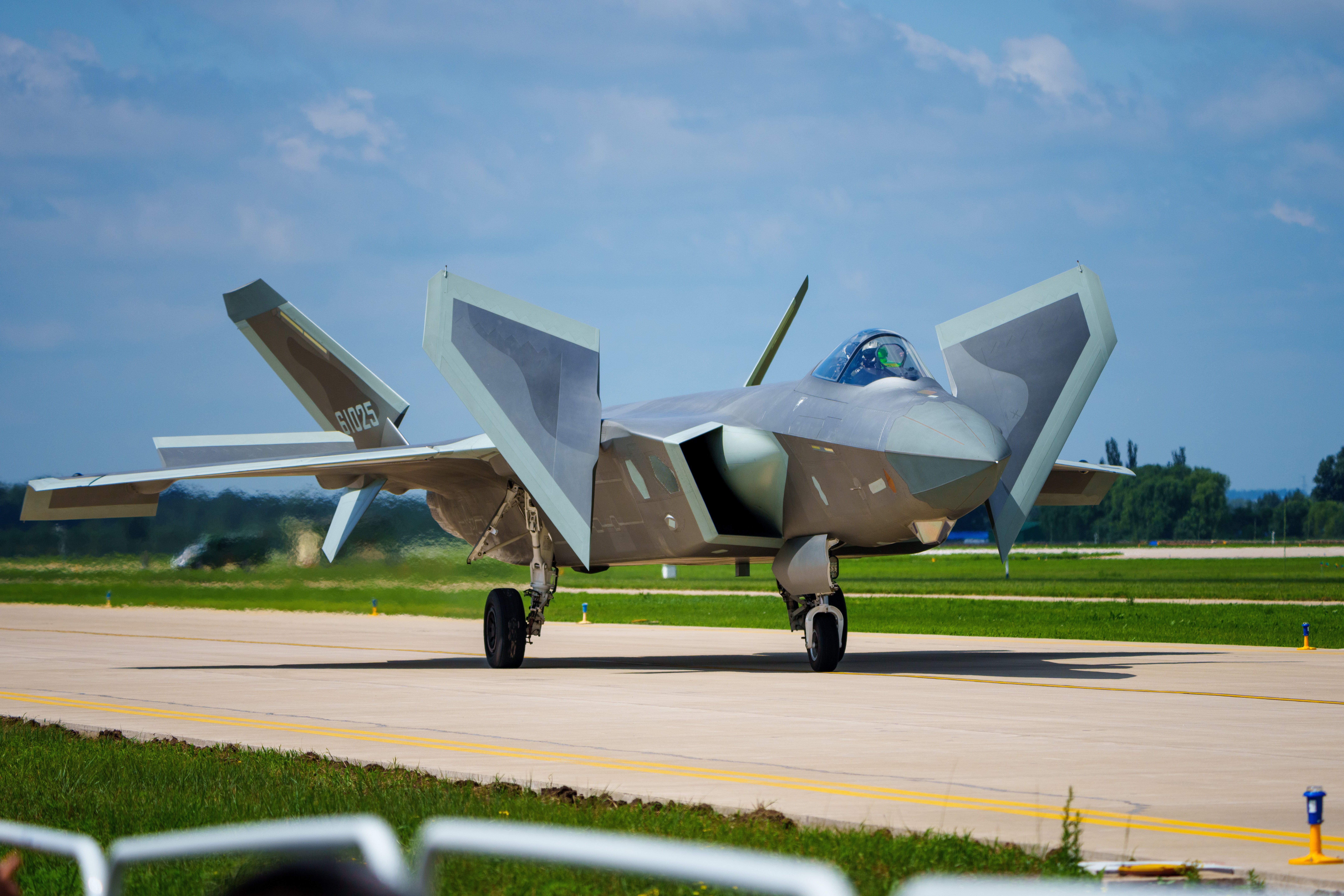 CHANGCHUN, CHINA - JULY 24: A J-20 stealth fighter jet rehearses for the upcoming 2023 Changchun Air Show on July 24, 2023 in Changchun, Jilin Province of China. (Photo by Wang Jingtian/VCG via Getty Images)