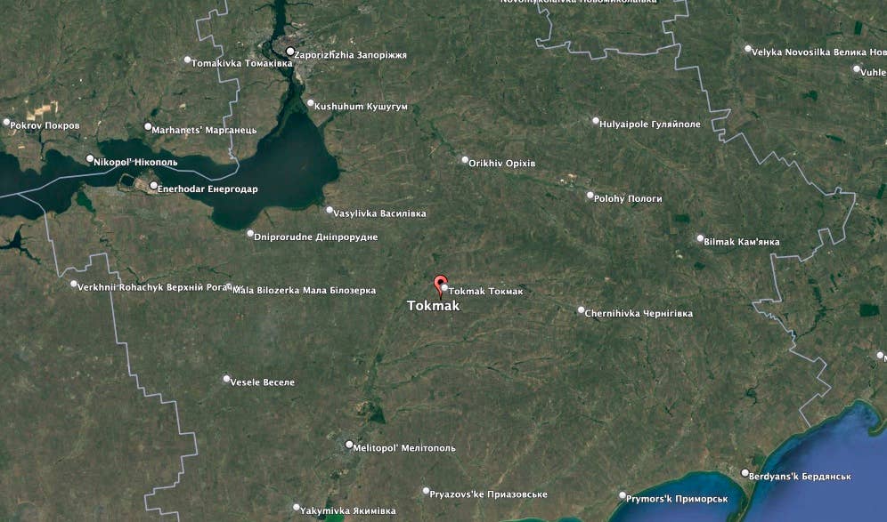 Tokmak is about 20 miles from Ukraine's front lines. (Google Earth image)