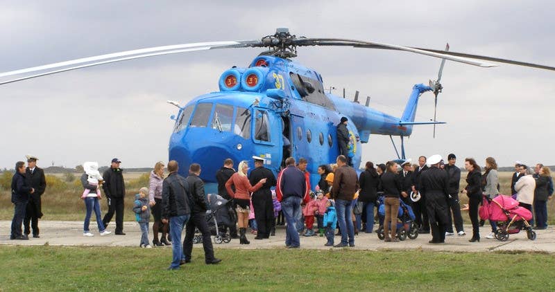 A Ukrainian Navy Mi-14 helicopter search and rescue helicopter in a blue camouflage scheme. <em>Ukraine MoD</em>