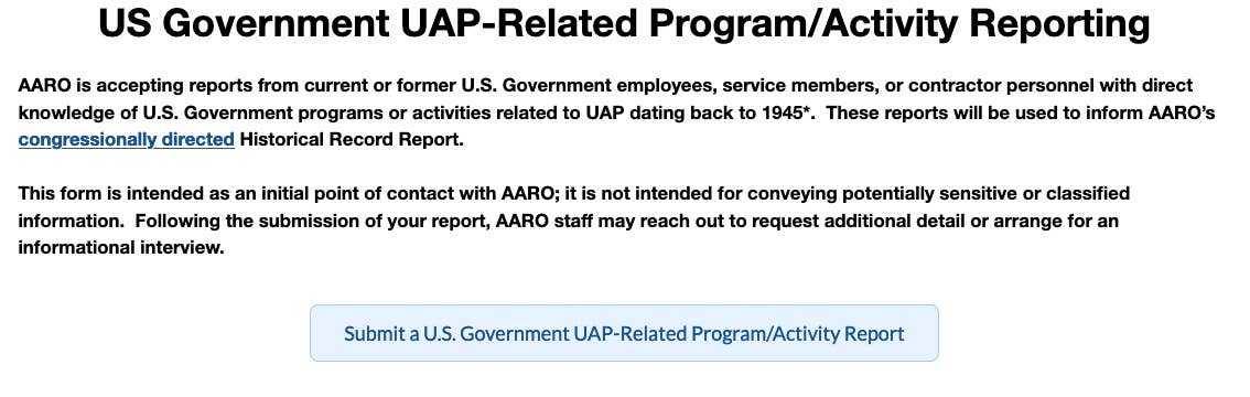 AARO has created a new portal for those who work or worked in government to report about programs related to UAPs. (AARO website image)