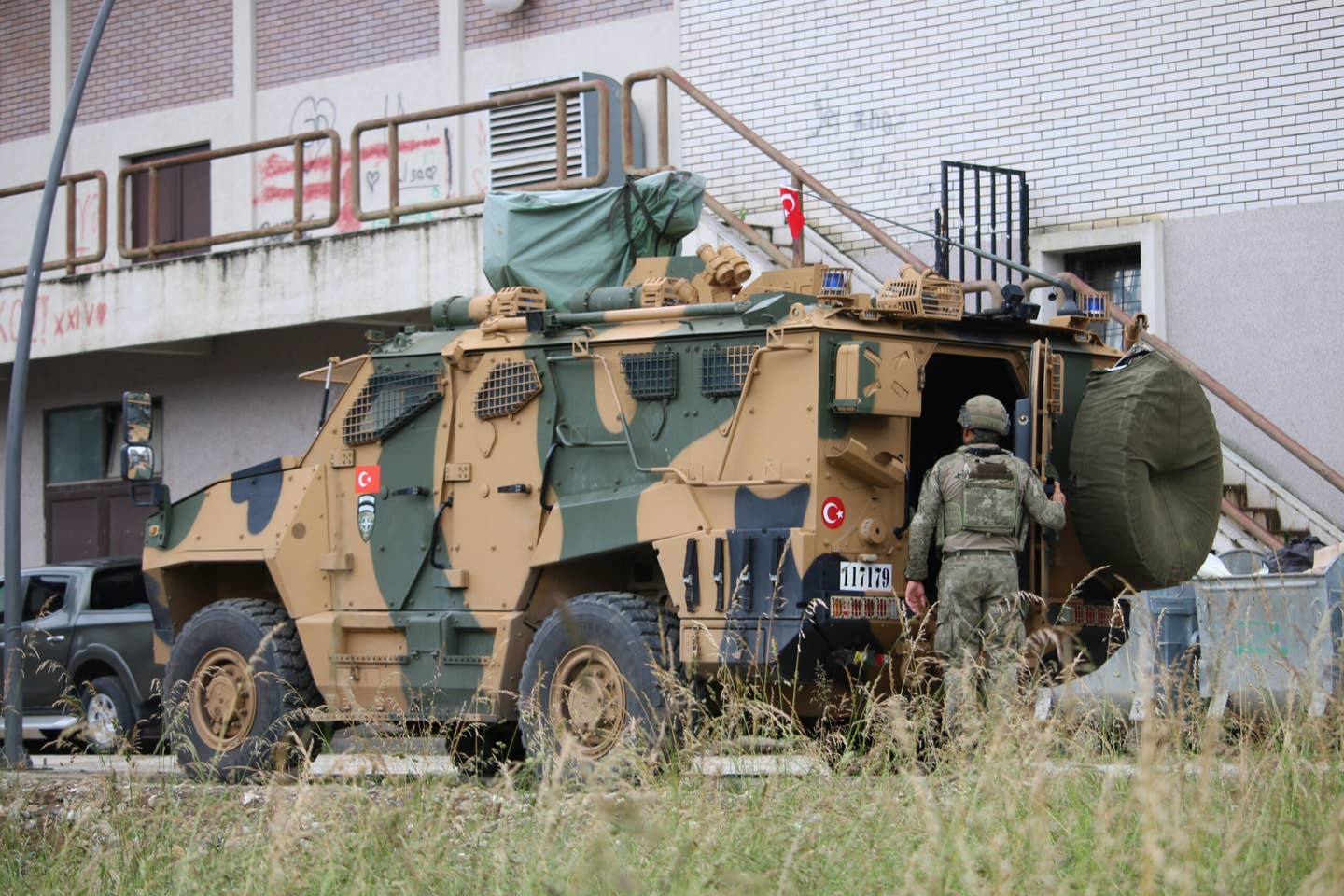 Turkish Army soldiers take security measures around Zubin Potok district in Northern Kosovo upon the request of NATO Kosovo Force (KFOR) on June 15, 2023. <em>Photo by Erkin Keci/Anadolu Agency via Getty Images</em>