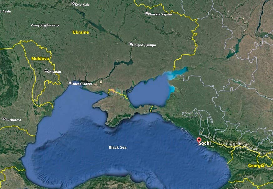 Sochi is about 400 miles from the front lines. (Google Earth image)