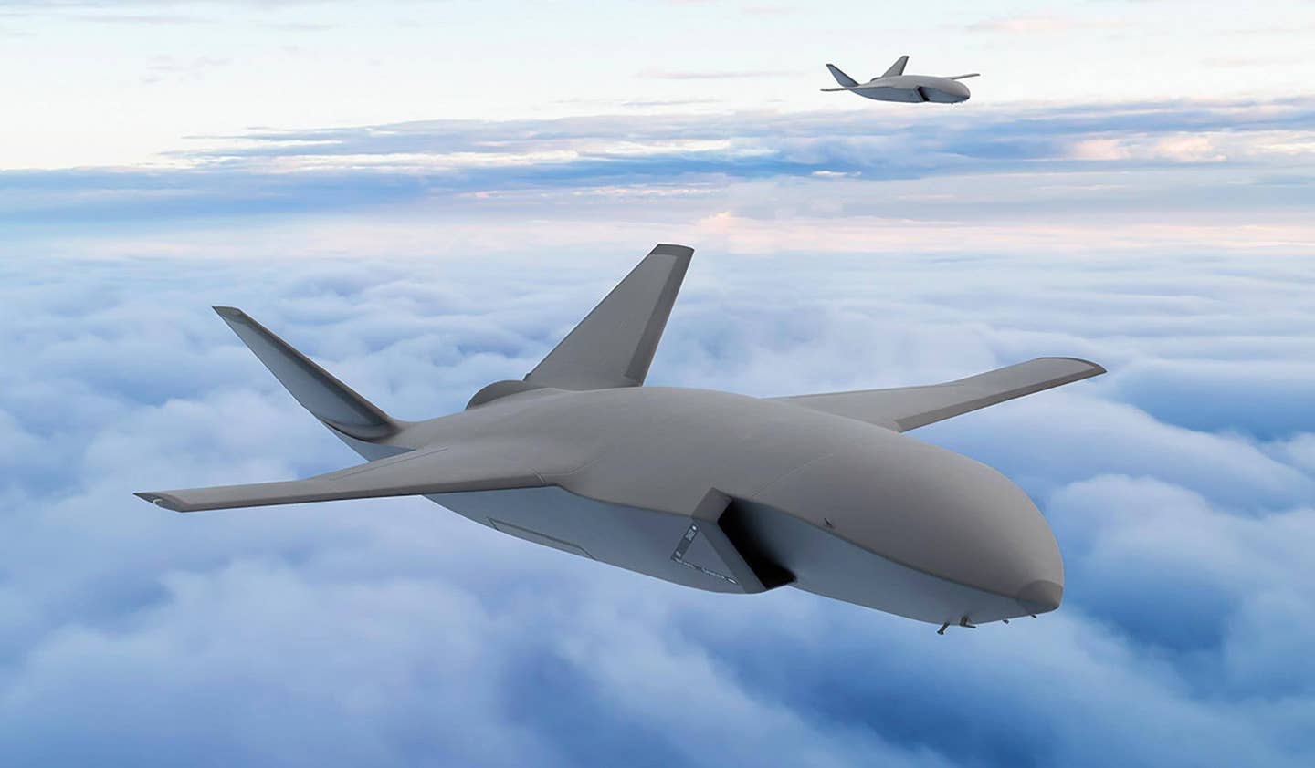 Boeing artwork depicting a pair of MQ-28 Ghost Bat drones, or variants or derivatives thereof. The MQ-28, originally developed for the Royal Australian Air Force, is another design that could compete in the Air Force's CCA competition. <em>Boeing</em>