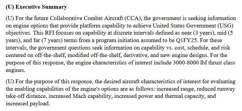 The full executive summary from the recently released CCA engine RFI. <em>USAF</em>