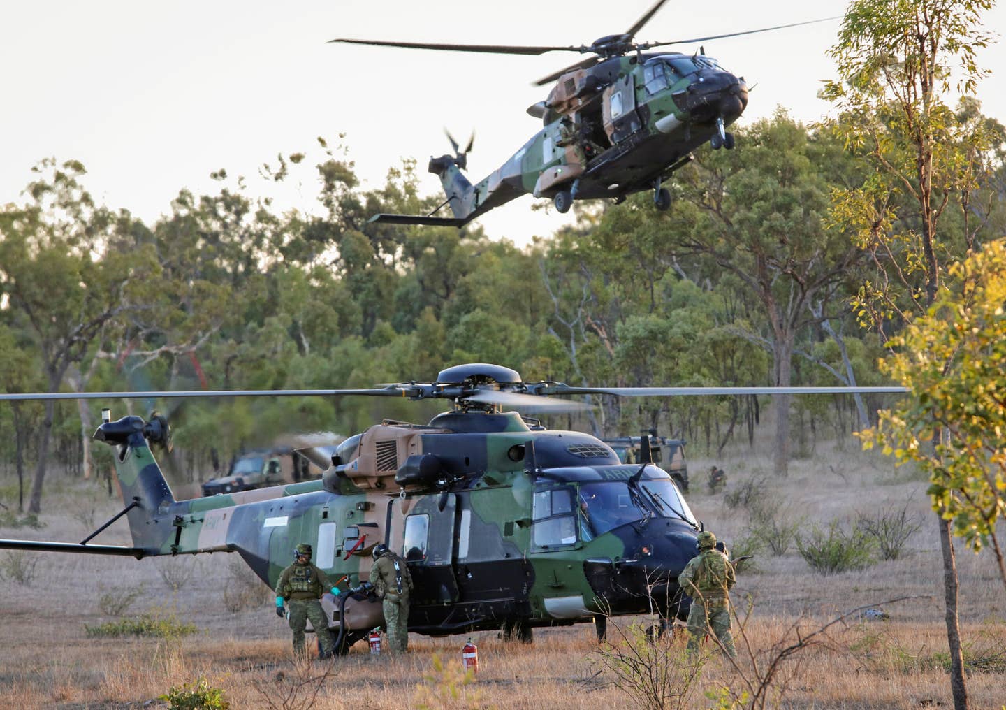 An Australian Army MRH90 Taipan helicopter from the 5th Aviation Regiment takes off for a sortie during Vigilant Scimitar, Townsville Field Training Area, in November 2020. <em>COMMONWEALTH OF AUSTRALIA, DEPARTMENT OF DEFENSE</em>