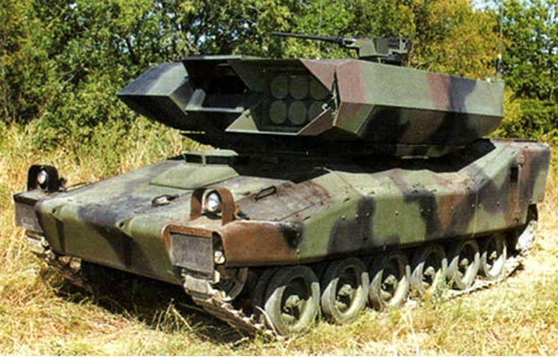 An artist's conception of an armored vehicle armed with Line-of-Sight Anti-Tank (LOSAT) high-speed anti-tank missiles, from circa the late 1990s. This vehicle's chassis is also based on the abortive M8 Buford light tank. <em>US Army</em>