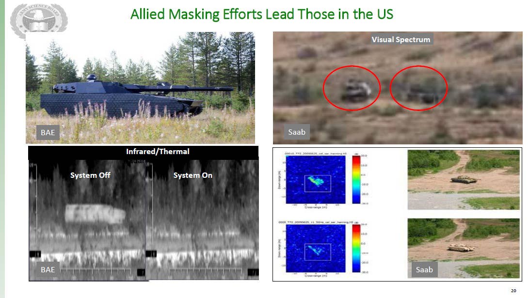 A slide from a briefing from the Army Science Board about its armor study that gives a look at some relevant signature "masking" developments. <em>Army Science Board</em>