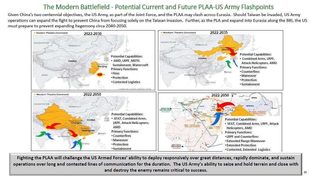 A briefing slide that gives a general overview of potential flashpoints where the US Army and Chinese ground forces (PLAA) could become engaged, and the kinds of capabilities and challenges that could come into play. <em>Army Science Board</em>