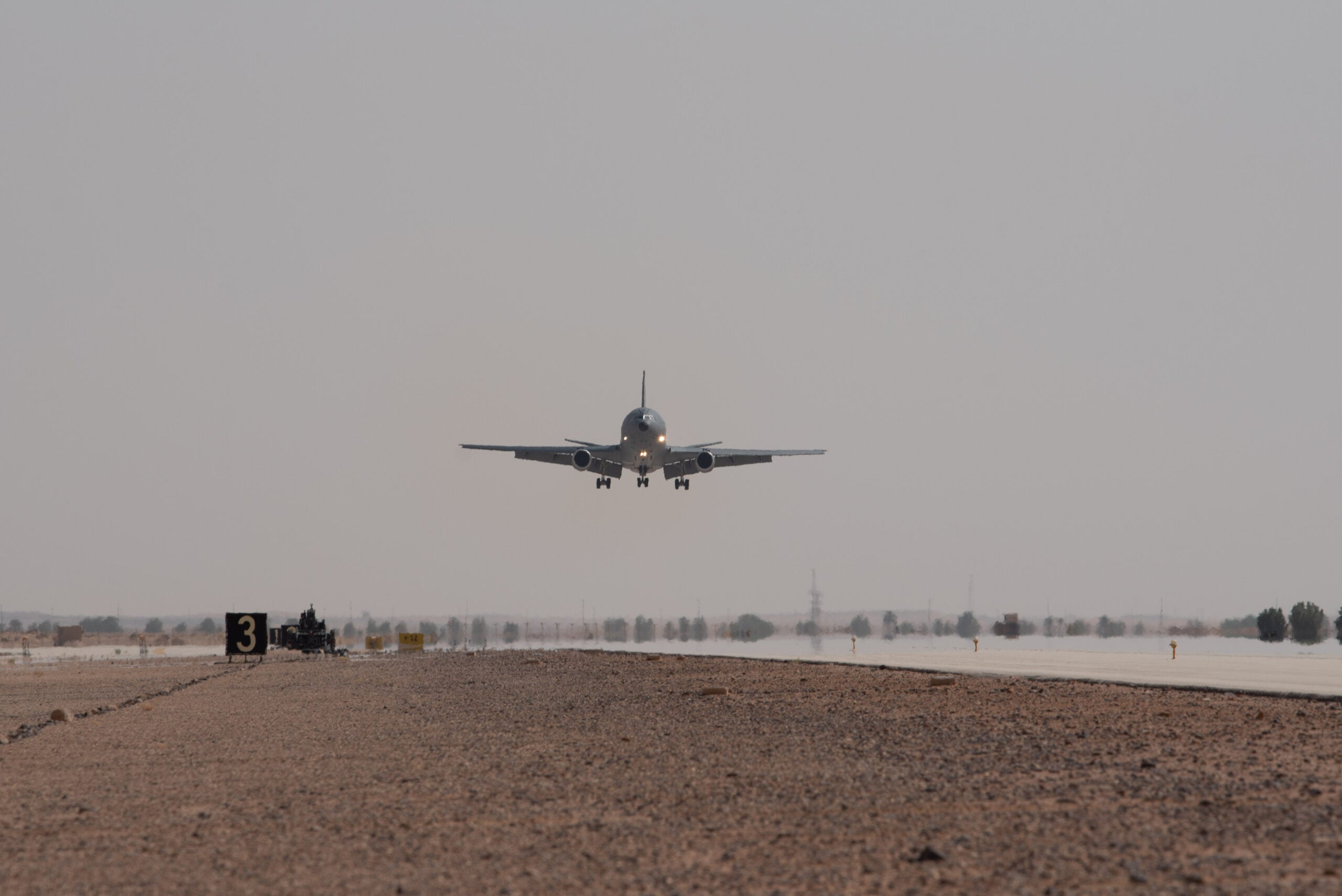 A KC-10 Extender assigned to the 908th Air Refueling Squadron begins landing after conducting the airframe's final combat sortie before inactivation at Prince Sultan Air Base, Kingdom of Saudi Arabia, Oct. 3, 2023. The flight served as a capstone for the KC-10 after over 30 years of service within the U.S. Air Forces Central (AFCENT) Area of Responsibility. By September 2024, the U.S. Air Force's fleet of KC-10s will be decommissioned and gradually replaced by the KC-46 aircraft. (U.S. Air Force photo by Tech. Sgt. Alexander Frank)