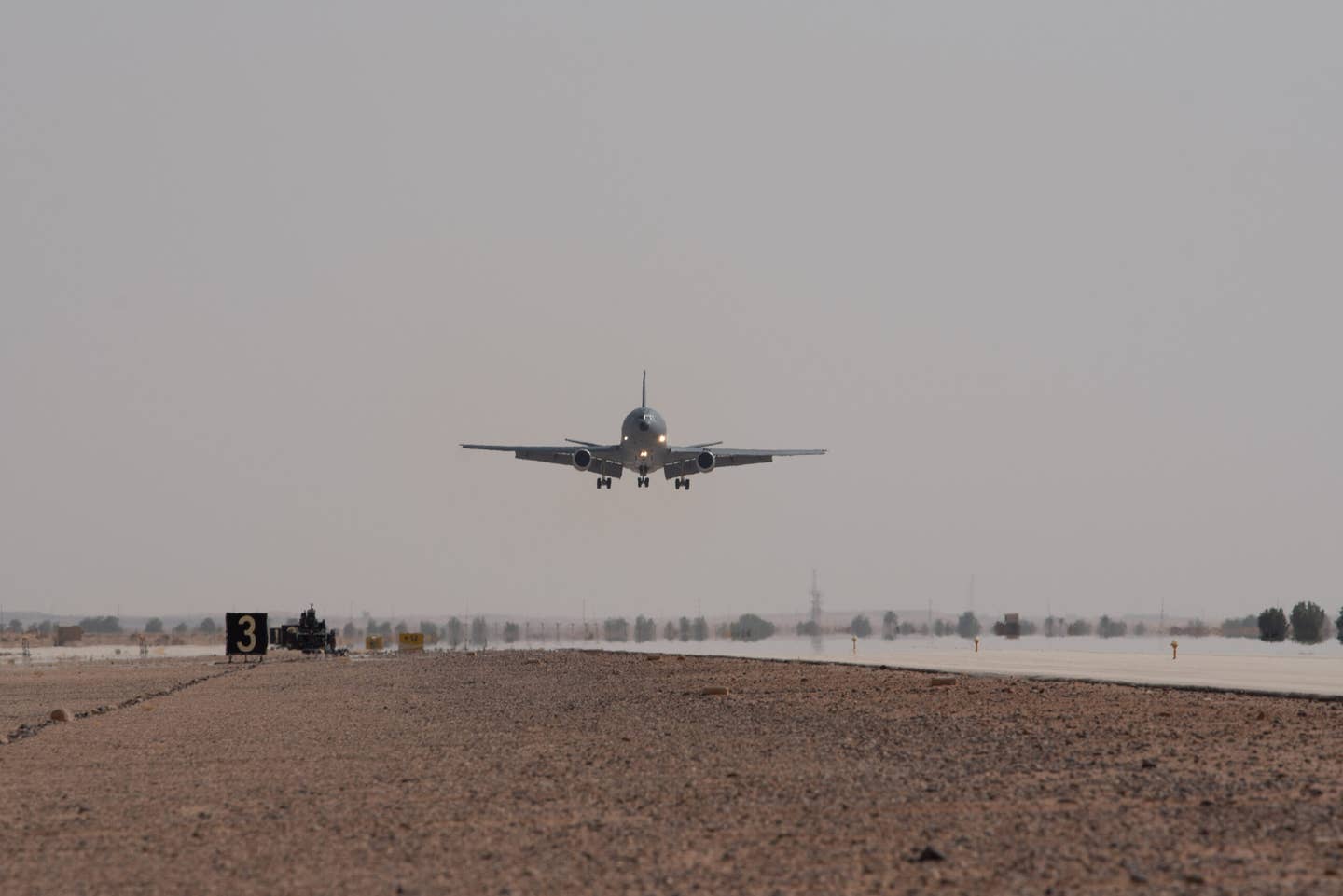 A KC-10 Extender assigned to the 908th Air Refueling Squadron on approach to land after conducting the final combat sortie for the Extender before squadron inactivation at Prince Sultan Air Base, Saudi Arabia, Oct. 3, 2023. <em>U.S. Air Force photo by Tech. Sgt. Alexander Frank</em>