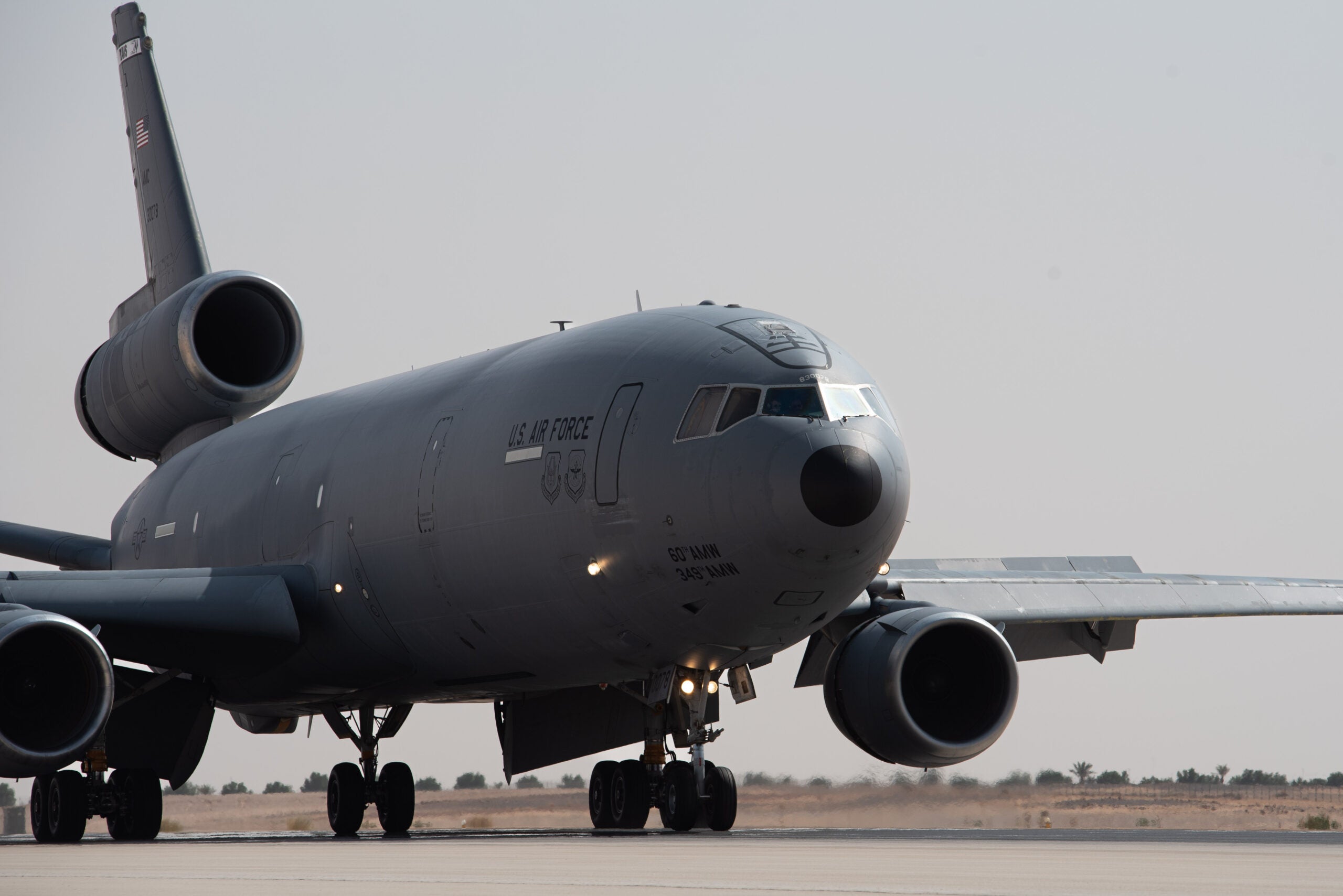 A KC-10 Extender assigned to the 908th Air Refueling Squadron lands after conducting the airframe's final combat sortie before inactivation at Prince Sultan Air Base, Kingdom of Saudi Arabia, Oct. 3, 2023. The flight served as a capstone for the KC-10 after over 30 years of service within the U.S. Air Forces Central (AFCENT) Area of Responsibility. By September 2024, the U.S. Air Force's fleet of KC-10s will be decommissioned and gradually replaced by the KC-46 aircraft. (U.S. Air Force photo by Tech. Sgt. Alexander Frank)