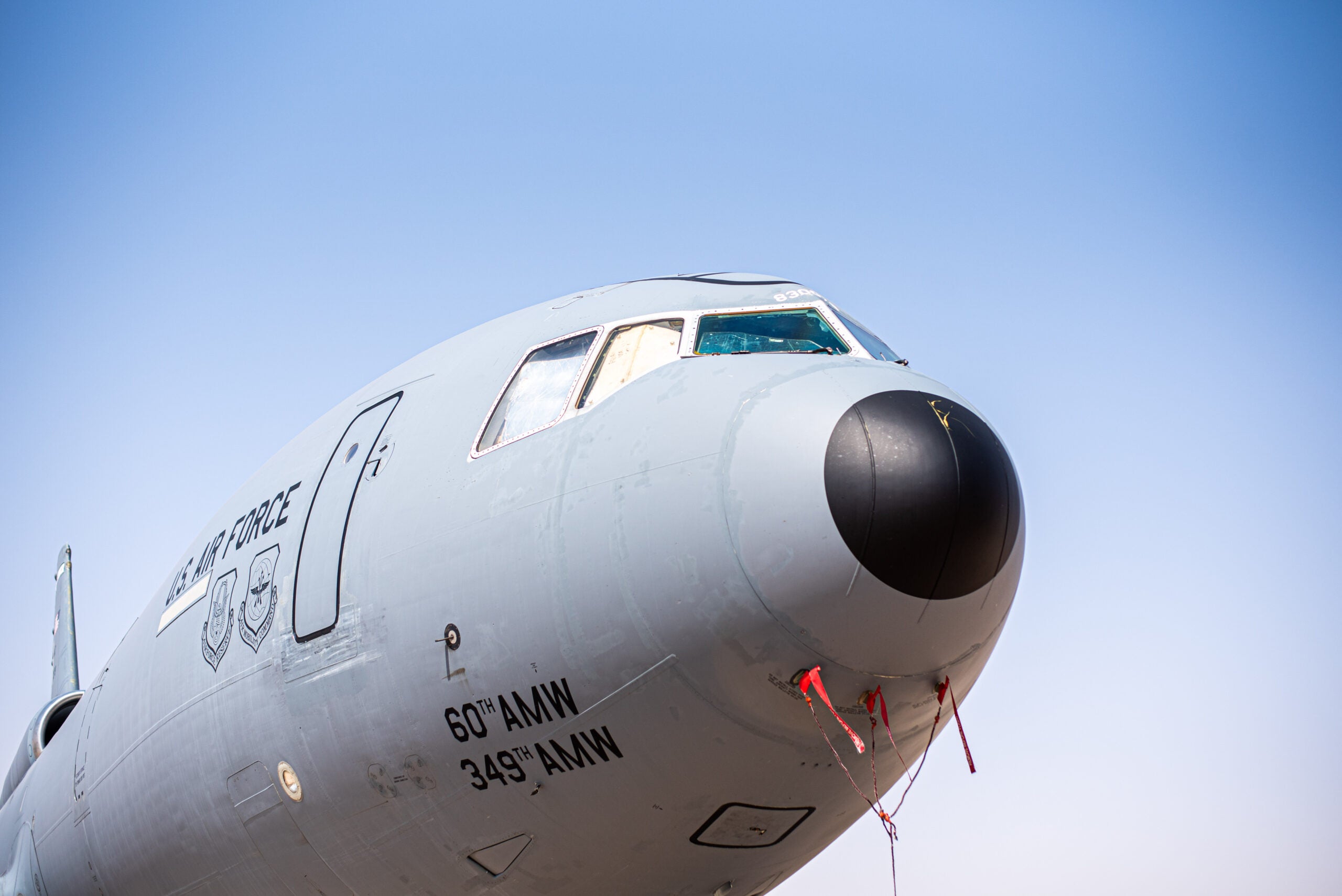 A KC-10 Extender sits on display after an inactivation ceremony for the 908th Expeditionary Air Refueling Squadron at Prince Sultan Air Base, Kingdom of Saudi Arabia, Oct. 4, 2023. The ceremony highlighted the legacy of the KC-10 after over 30 years of service within the U.S. Air Forces Central (AFCENT) Area of Responsibility. By September 2024, the U.S. Air Force's fleet of KC-10s will be decommissioned and gradually replaced by the KC-46 aircraft. (U.S. Air Force photo by Tech. Sgt. Alexander Frank)