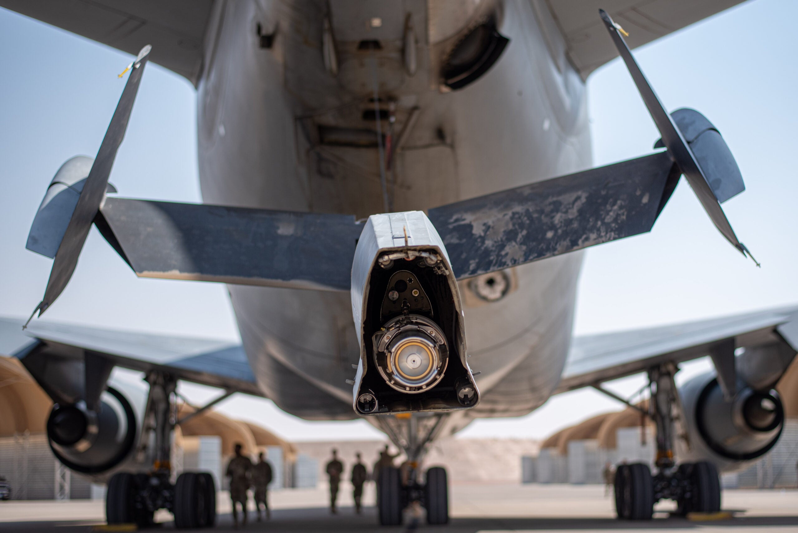 The boom of a KC-10 Extender sits on display after an inactivation ceremony for the 908th Expeditionary Air Refueling Squadron at Prince Sultan Air Base, Kingdom of Saudi Arabia, Oct. 4, 2023. The ceremony highlighted the legacy of the KC-10 after over 30 years of service within the U.S. Air Forces Central (AFCENT) Area of Responsibility. By September 2024, the U.S. Air Force's fleet of KC-10s will be decommissioned and gradually replaced by the KC-46 aircraft. (U.S. Air Force photo by Tech. Sgt. Alexander Frank)