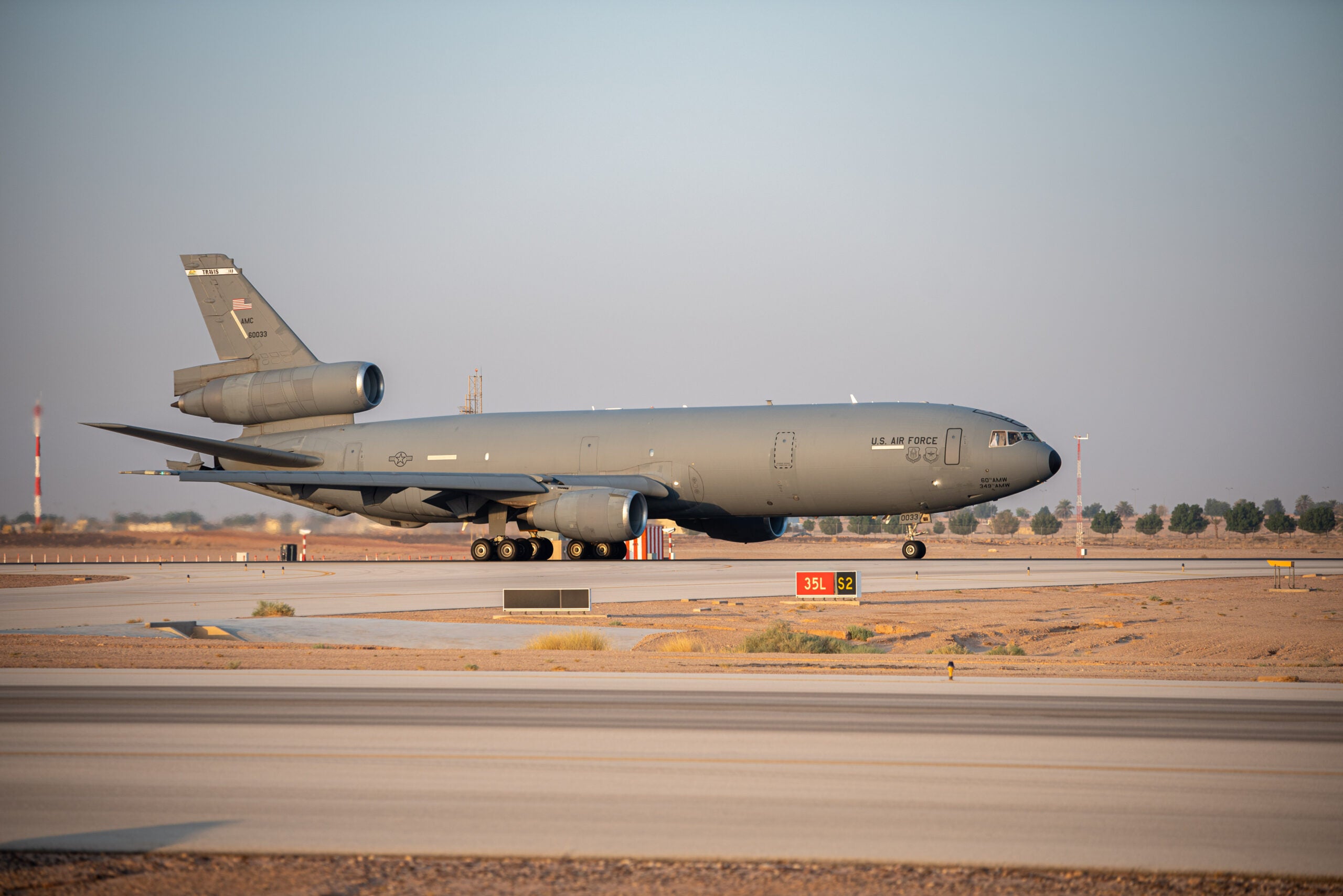 A KC-10 Extender departs after conducting the airframe's final combat deployment at Prince Sultan Air Base (PSAB), Kingdom of Saudi Arabia, Oct. 5, 2023. The departure of the KC-10 at PSAB marked the end of the airframe's over 30 years of service within the U.S. Air Forces Central (AFCENT) Area of Responsibility. By September 2024, the U.S. Air Force's fleet of KC-10s will be decommissioned and gradually replaced by the KC-46 aircraft. (U.S. Air Force photo by Tech. Sgt. Alexander Frank)