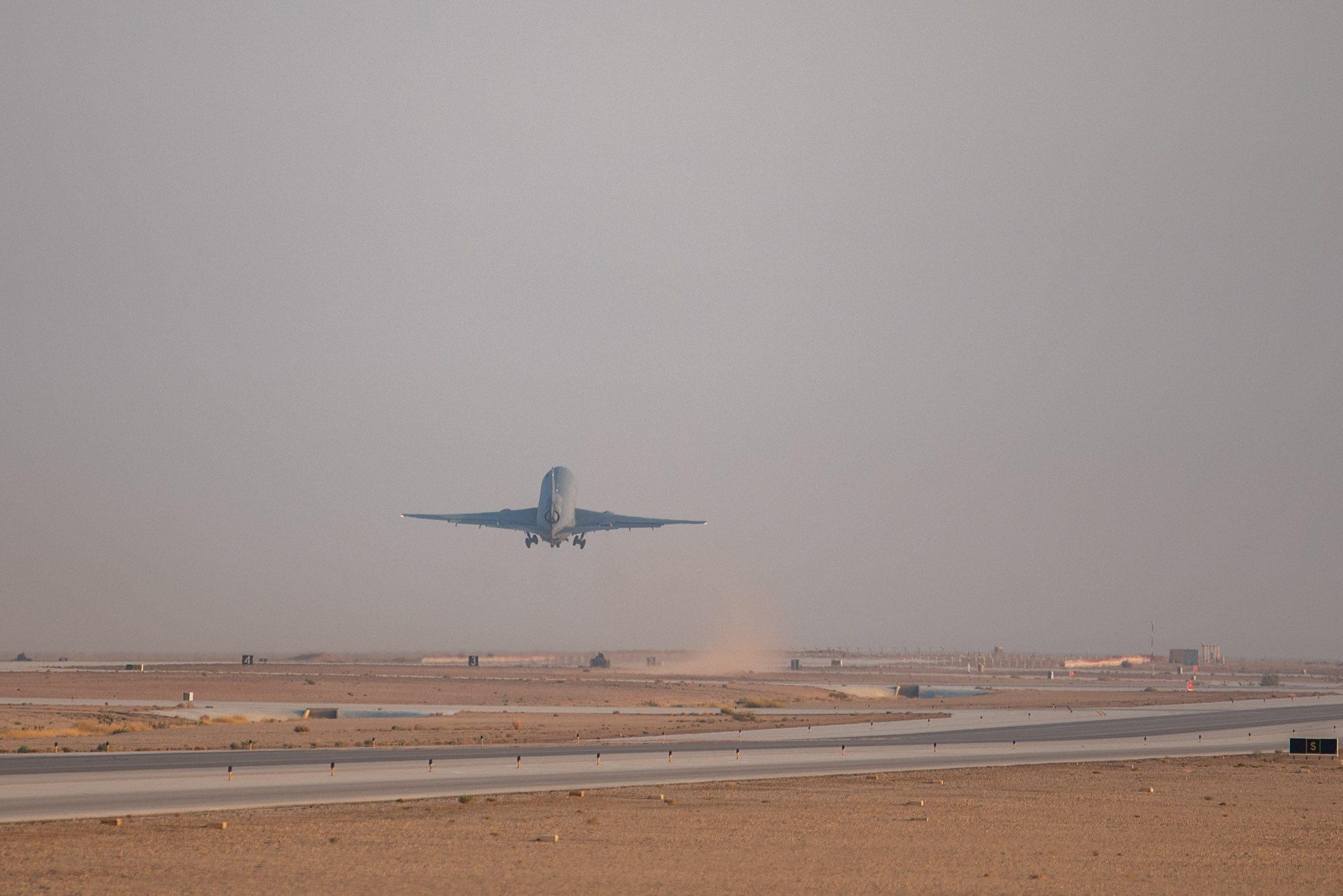 A KC-10 Extender takes flight after conducting the airframe's final combat deployment at Prince Sultan Air Base (PSAB), Kingdom of Saudi Arabia, Oct. 5, 2023. The departure of the KC-10 at PSAB marked the end of the airframe's over 30 years of service within the U.S. Air Forces Central (AFCENT) Area of Responsibility. By September 2024, the U.S. Air Force's fleet of KC-10s will be decommissioned and gradually replaced by the KC-46 aircraft. (U.S. Air Force photo by Tech. Sgt. Alexander Frank)