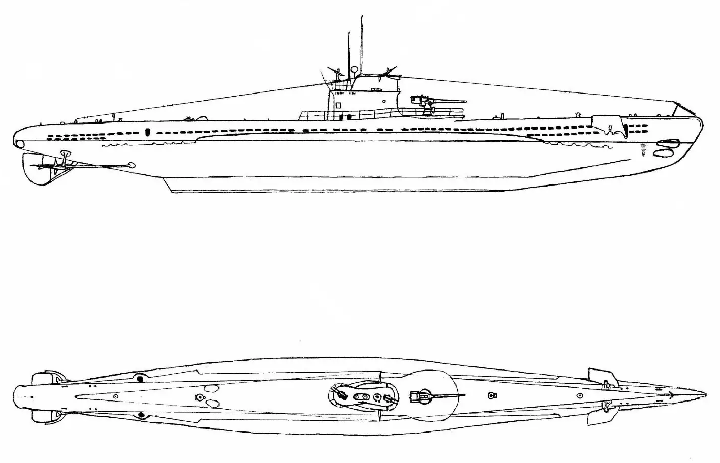 A drawing of the Italian Tritone Type I, or <em>Flutto</em> class of seagoing submarine. <em>К. Е. Сергеев/Wikimedia Commons</em>
