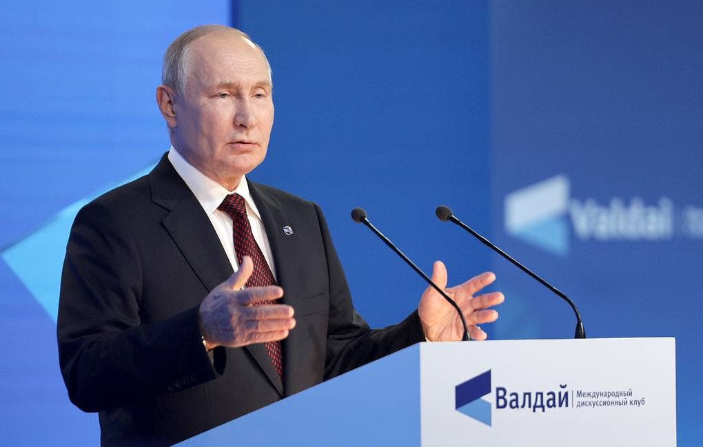 Russian President Putin speaks at the Valdai Discussion Club's 2023 plenary session. <em>Vladimir Smirnov/TASS</em>
