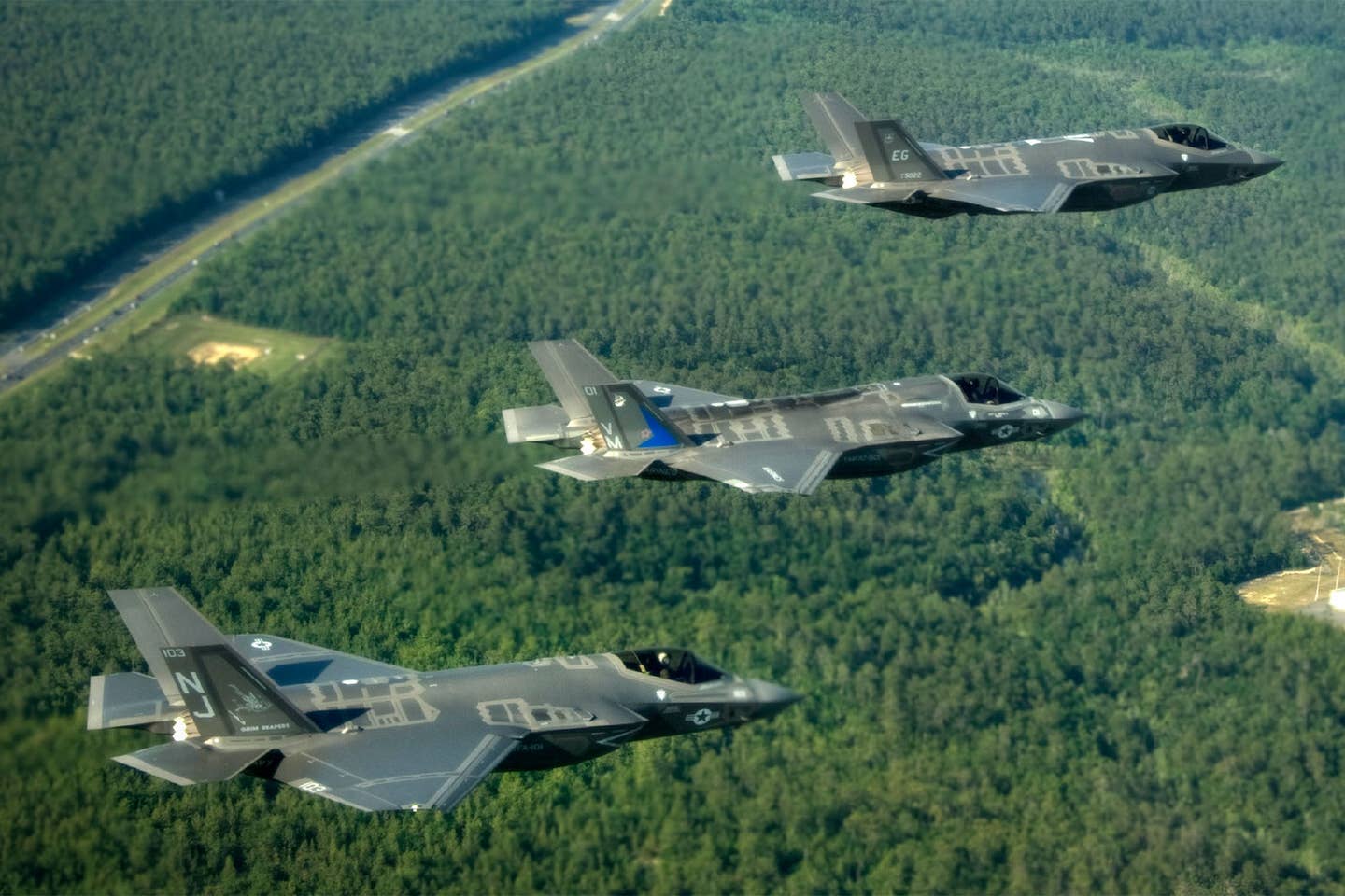 All three variants of the F-35 flying together over the Florida panhandle. (DOD)