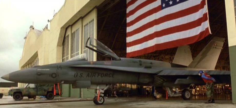 A Hornet seen in <em>The Rock</em> depicted in fictitious US Air Force markings. <em>Hollywood Pictures capture</em>