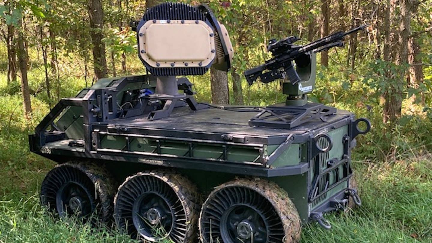 An uncrewed counter drone system that blends together a turreted infantry rifle equipped with a computerized optic, a small radar array, and a six-wheeled drone vehicle has been unveiled.