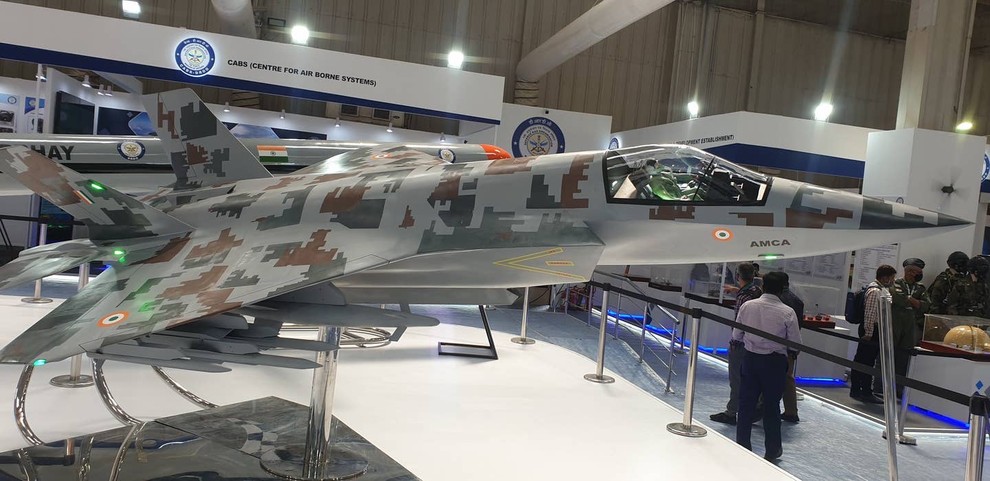 A model of the AMCA next-generation fighter. <em>FlyingDaggers45SQUADRON/Wikimedia Commons</em>