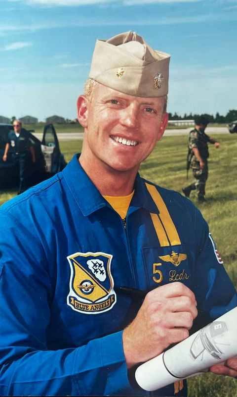 Scott in his blue and gold flight suit as the lead solo pilot on the Blue Angels. (Scott "Intake"<br>Kartvedt)