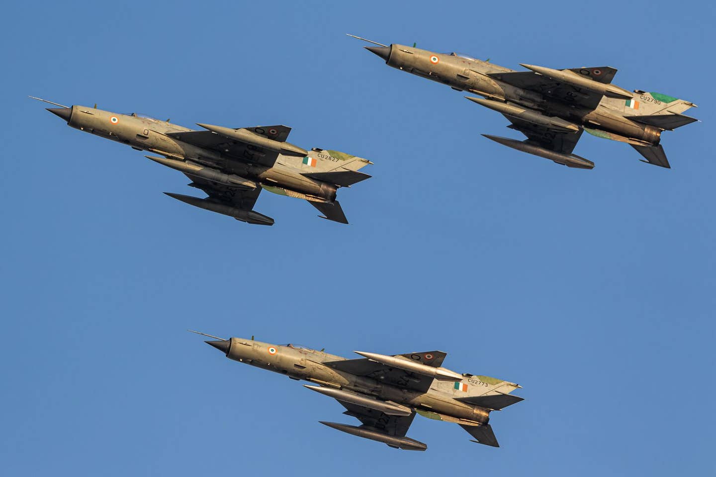 The three MiG-21 Bison jets involved in the flypast marking the 91st anniversary of the Indian Air Force yesterday in the Sangam area of Prayagraj, Uttar Pradesh. <em>Angad Singh</em>