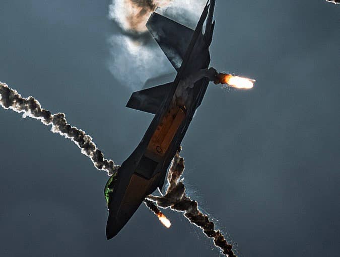 Close-in perspective of the F-22 deploying flares. <em>Rohan Patel</em>