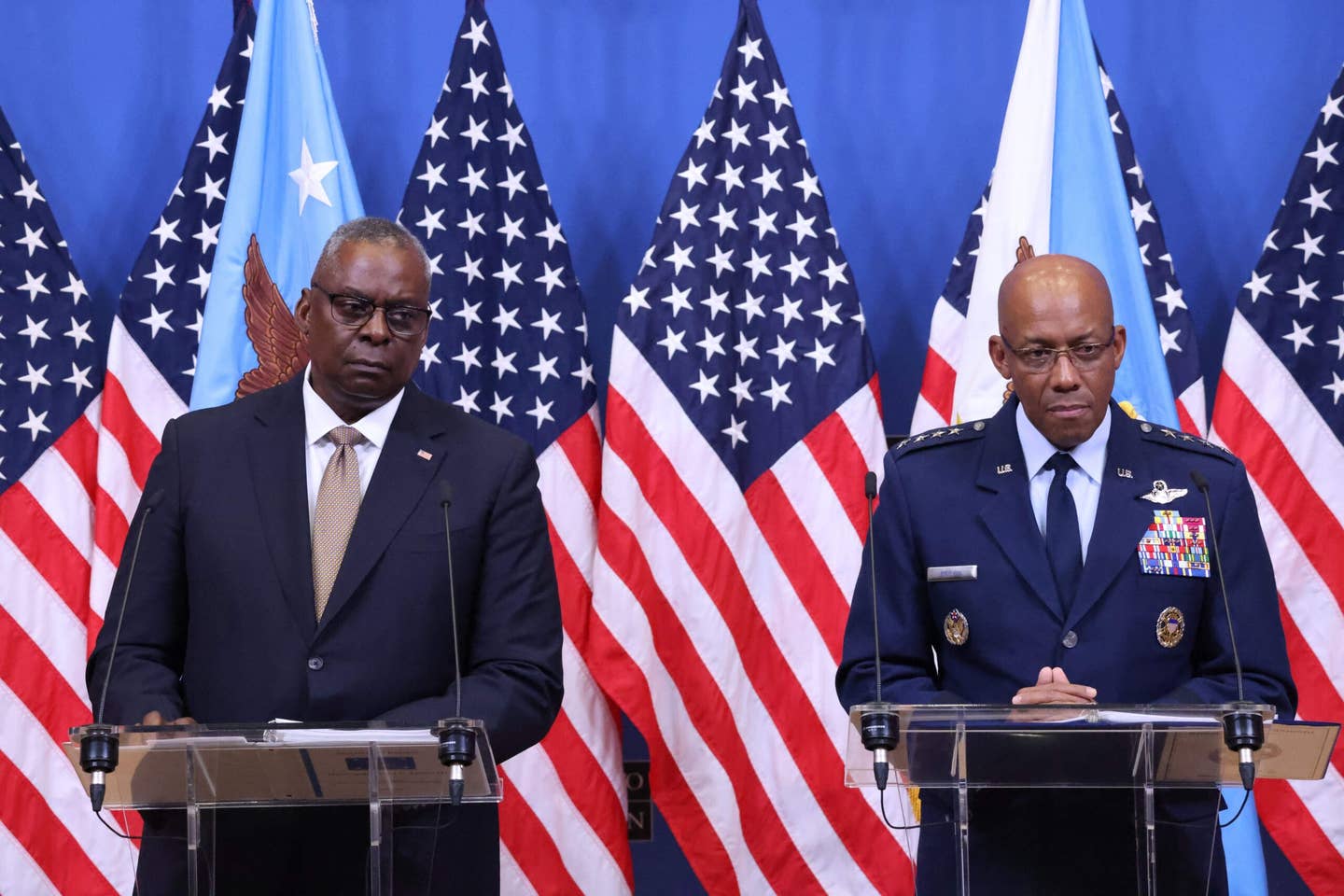 US Air Force general Charles Quinton Brown Jr. (R) and US Defence Secretary Lloyd Austin speaks (L) talked about continued support for Ukraine and Israel. (Photo by SIMON WOHLFAHRT / AFP) (Photo by SIMON WOHLFAHRT/AFP via Getty Images)