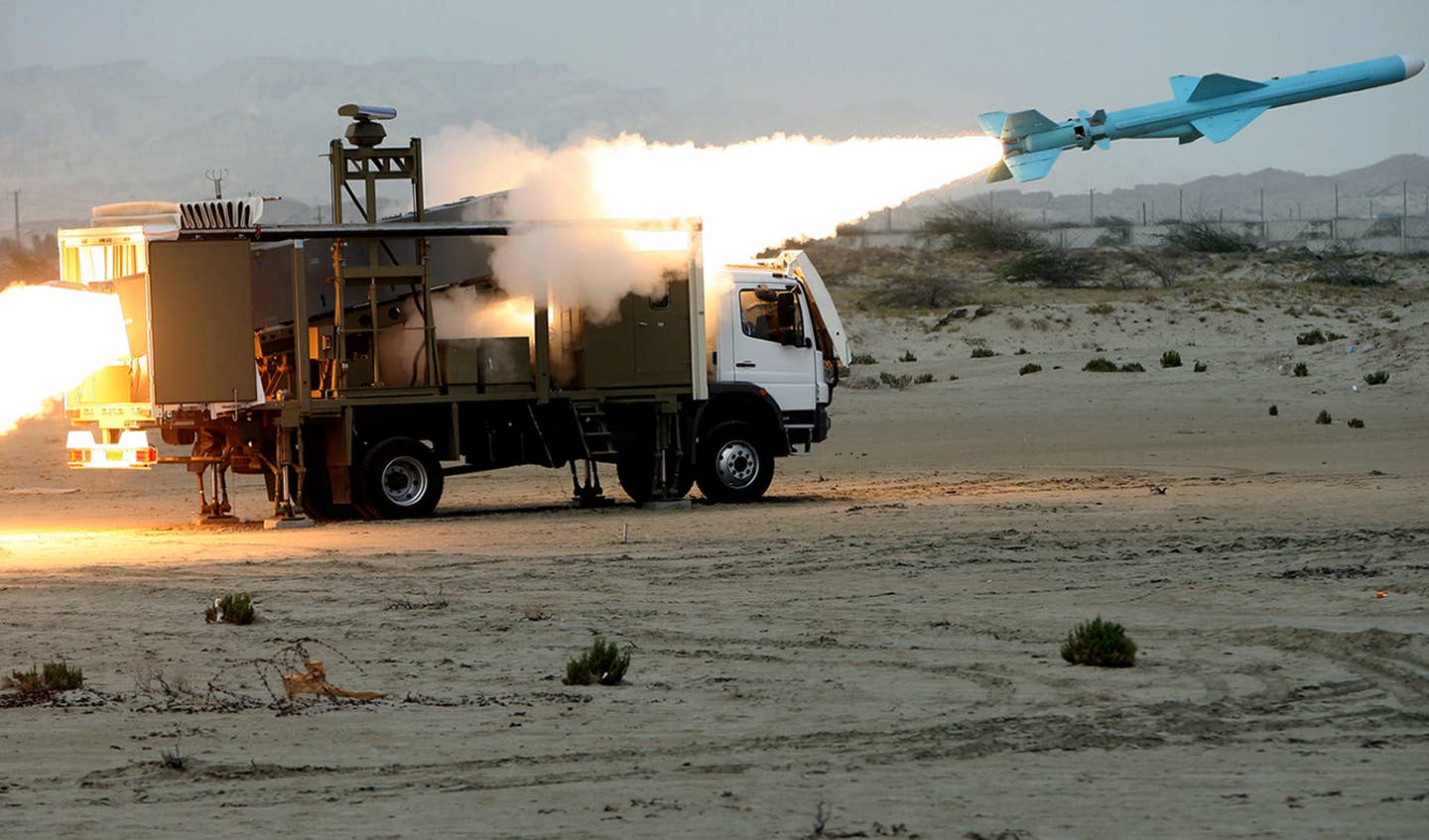 An Iranian Noor missile is launched during war games on April 25, 2010, in southern Iran, near the Strait of Hormuz. <em>MEHDI MARIZAD/AFP via Getty Images</em>