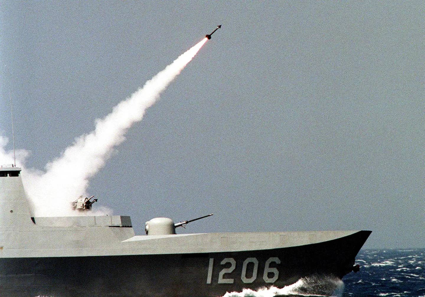 A Sea Chaparral missile is launched from one of Taiwan's six French-made <em>Lafayette</em> class frigates (also known as the <em>Kang Ding</em> class) during an exercise. <em>TAO-CHUAN YEH/AFP via Getty Images </em>