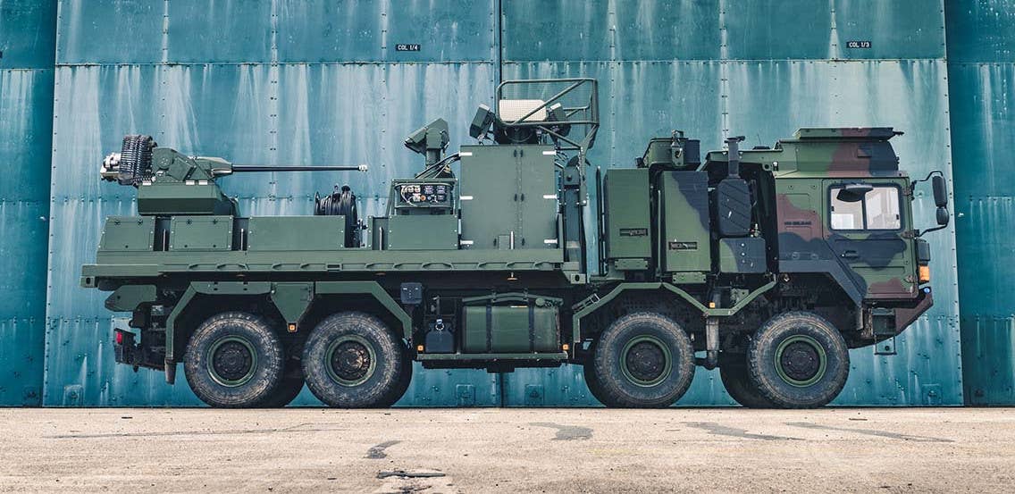 The palletized Terrahawk Paladin loaded on a truck. <em>MSI-Defense Systems</em>