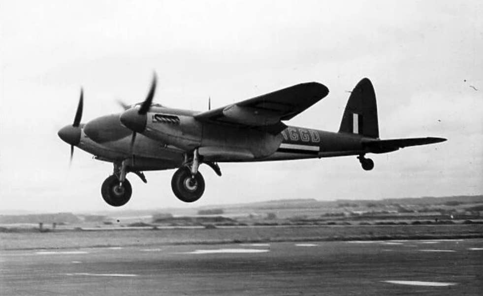 A BOAC Mosquito FB.VI G-AGGD prepares to land. <em>Crown Copyright </em>