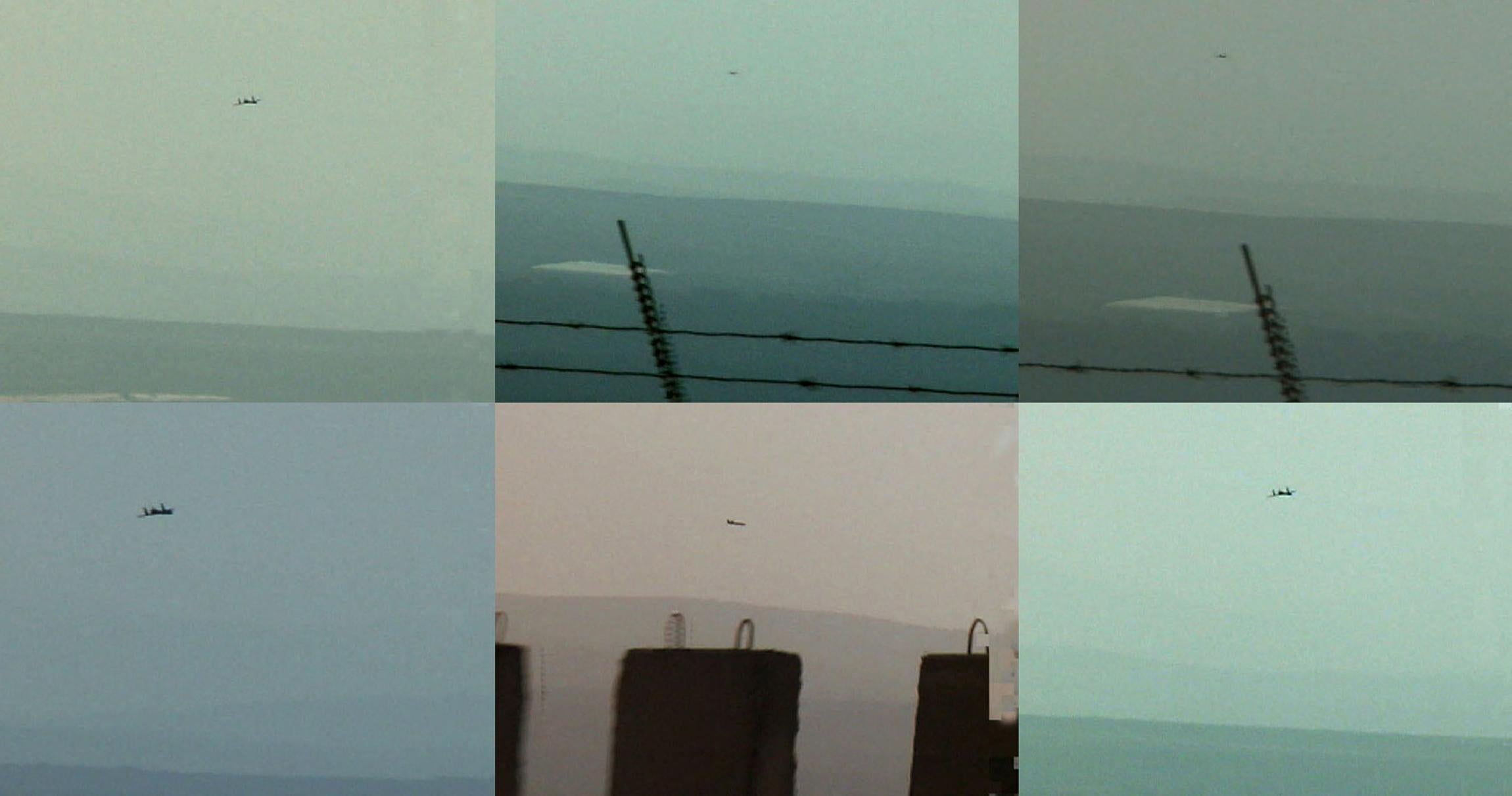 A composite of pictures provided 08 November 2004 by Hezbollah shows an unmanned spy plane flying over Israel. The Lebanese guerrilla group announced 07 November it had sent a drone over "northern Palestine" (Israel) in retaliation for repeated violations of Lebanese airspace by Israel. An Israeli military spokesman confirmed the overflight of its territory saying "this morning, an Iranian UAV operated by the Hezbollah terror organization infiltrated into Israel over the western Galilee." The flight over Israel has deeply embarrassed the Jewish state's air force, which has prided itself for decades on having total control of the region's skies.  AFP PHOTO/HEZBOLLAH/HO (Photo by HEZBOLLAH / AFP) (Photo by -/HEZBOLLAH/AFP via Getty Images)