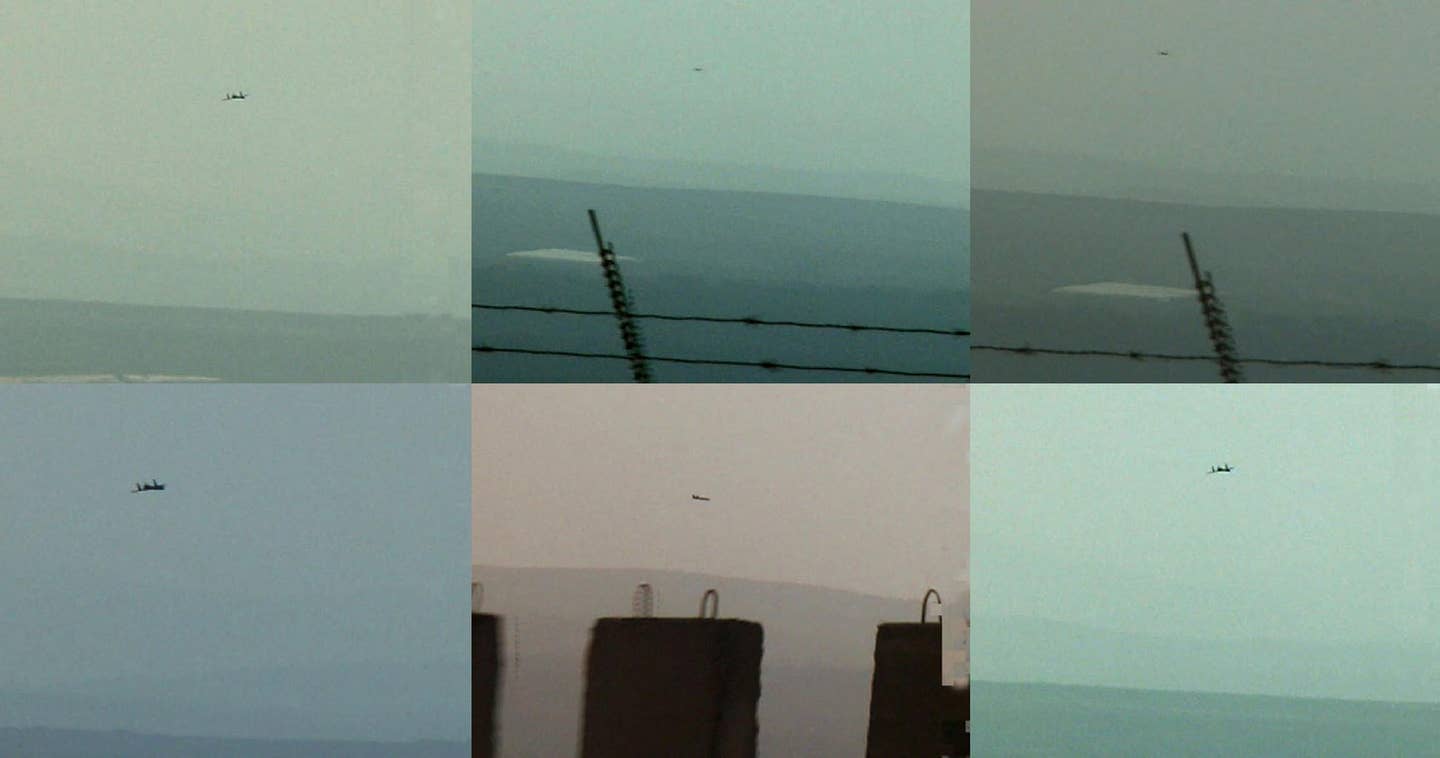 A composite of pictures provided in November 2004 by Hezbollah shows an unmanned spyplane flying over Israel. The Lebanese guerrilla group announced that month that it had sent a drone over Israel in retaliation for repeated violations of Lebanese airspace by Israel. An Israeli military spokesman confirmed the overflight of its territory. <em>Photo by -/HEZBOLLAH/AFP via Getty Images</em>