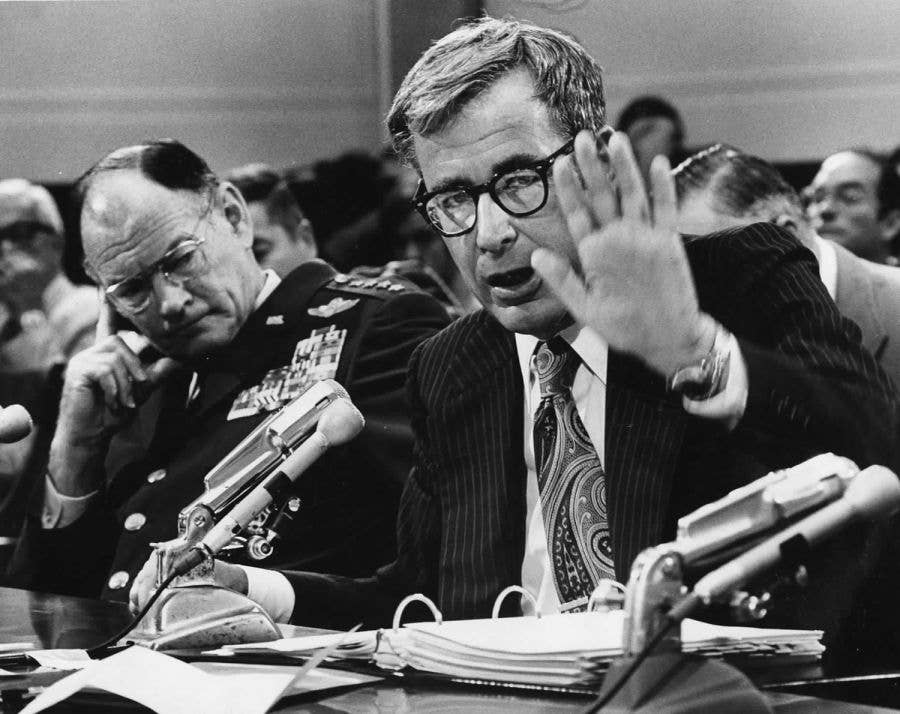 Secretary of Defense Harold Brown and Chairman of The Joint Chiefs of Staff General George S. Brown testifies on Capitol Hill on a defense budget in 1977. <em>Department of Defense Archive&nbsp;</em>