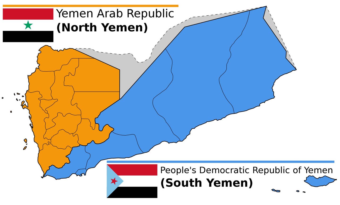 Map depicting North and South Yemen, circa 1979. <em>Unknown author, Wikimedia Commons, CC-BY-SA-3.0</em>